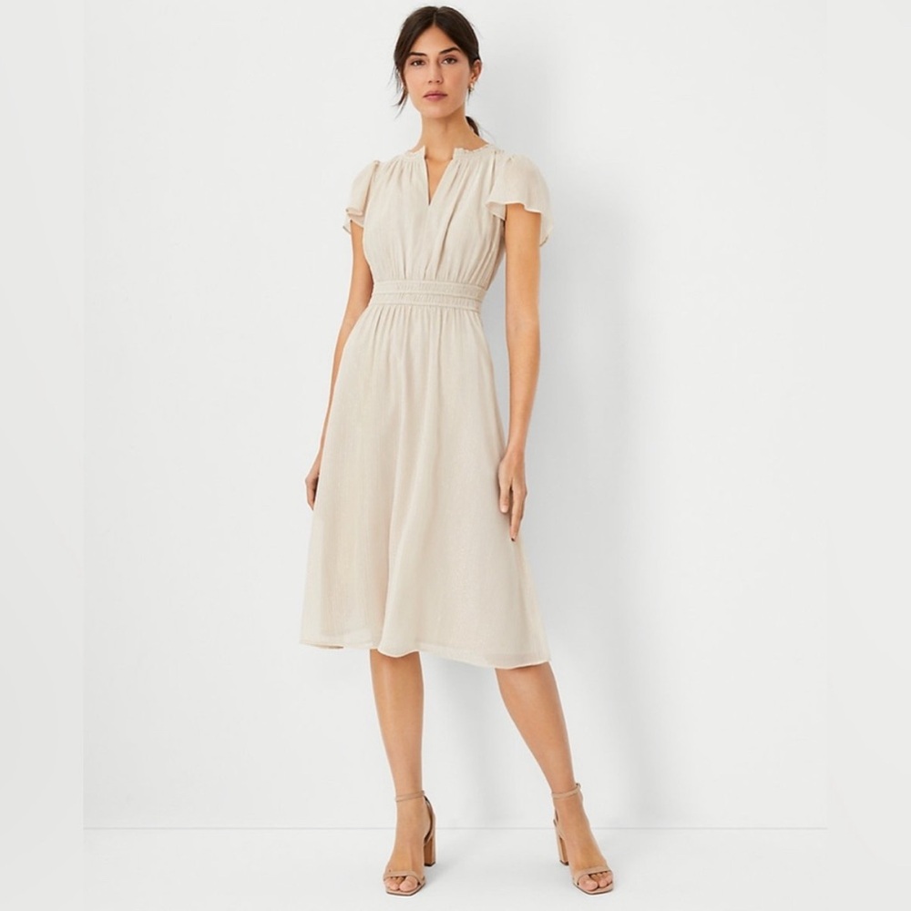 Ann Taylor Metallic Stripe Flutter Sleeve Flare Dress